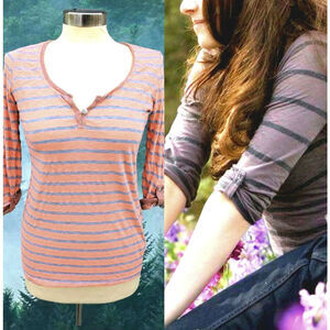 Splendid Bella Swan Meadow scene Striped Henley shirt Medium orange grey